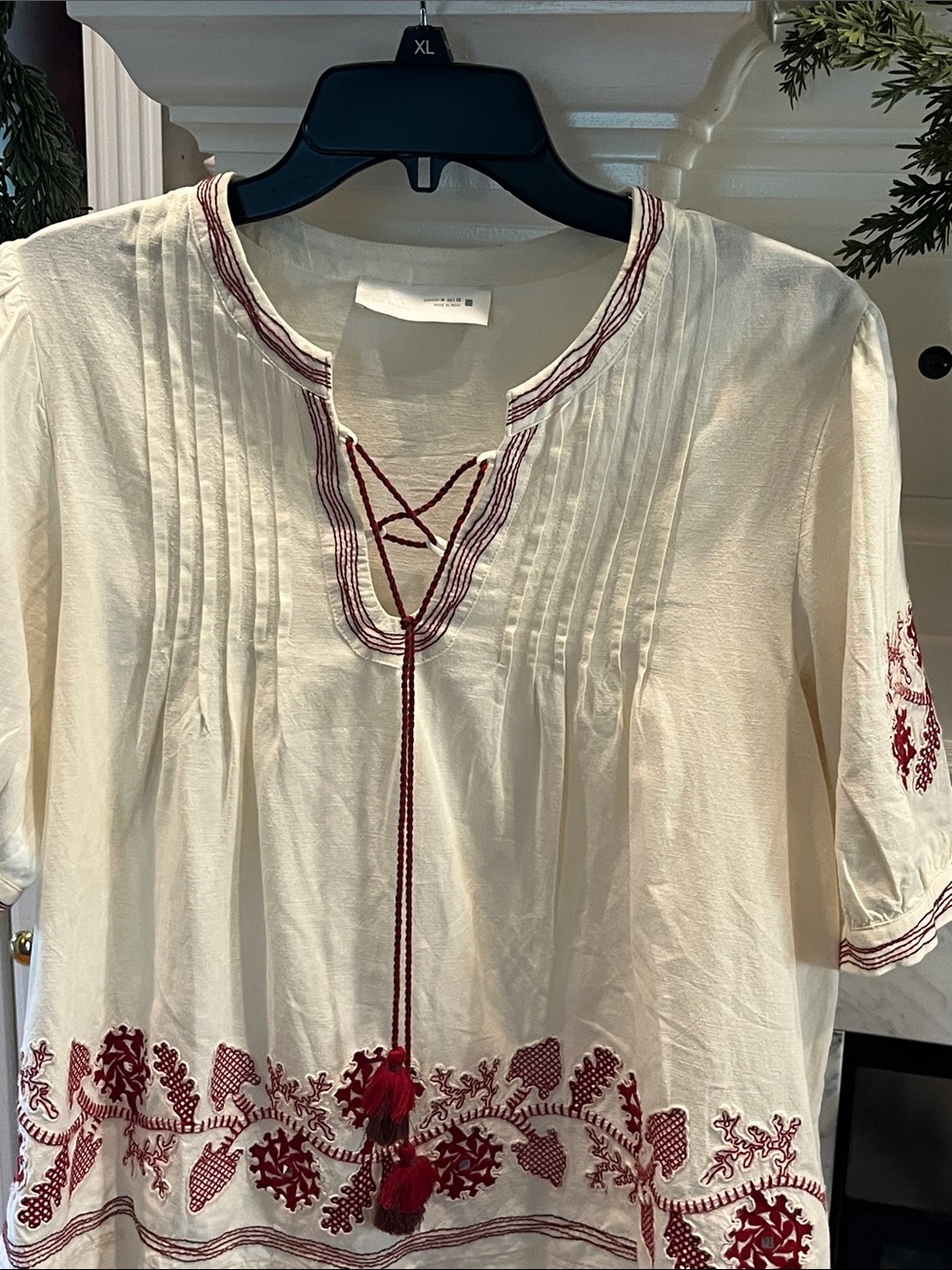 Zara Cream Peasant Blouse with Red Embroidery
